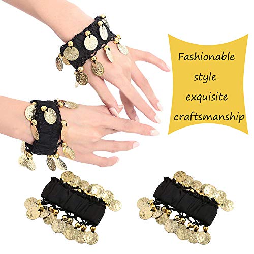 LZYMSZ Bufandas de Cadera para Danza del Vientre, Faldas con Forma de Onda para niñas/Mujeres, Envueltas con Monedas de Oro 128, Cinturón de Disfraces de Cintura con Brazaletes Pulseras (Black)