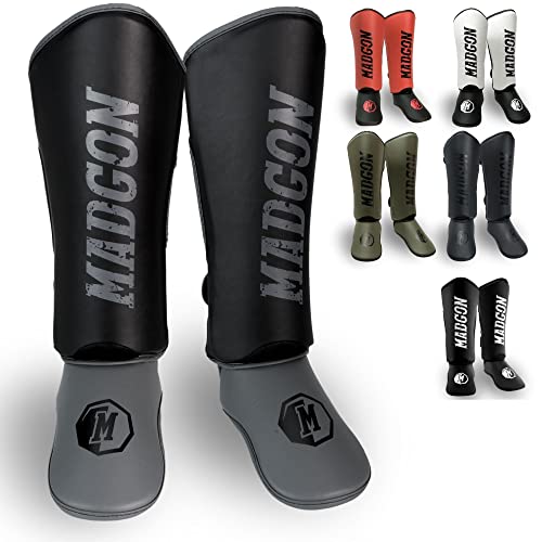 MADGON Espinilleras Kick Boxing Ajuste y Acolchado Ideal – Protección de Espinillas Baja Transpiración – Espinilleras Muay Thai – Protectores de Piernas para Artes Marciales – Incluye Funda