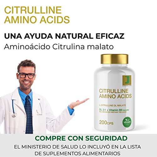 Malato de L-citrulina + Vitamina B6 | 200 cápsulas 500mg | aminoácido vegano | óxido nítrico