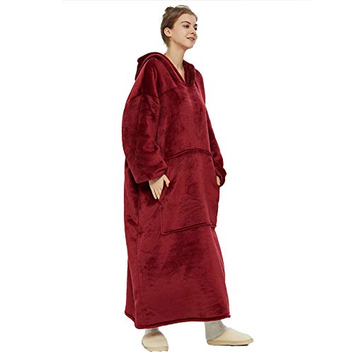 Manta con Capucha, Manta Larga para Usar con Bolsillos Grandes Franela Mullida Sherpa Manta de TV Sudadera Bata de Invierno Talla única para Hombres Mujeres y Adultos