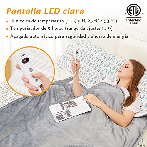 Manta Electrica grande Termica Cama 160x130cm, 10 niveles de calor y temporizador de apagado automático de 1~9 horas y pantalla digital, lavable a máquina, Sherpa de franela, certificado ETL