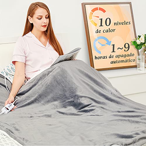 Manta Electrica grande Termica Cama 160x130cm, 10 niveles de calor y temporizador de apagado automático de 1~9 horas y pantalla digital, lavable a máquina, Sherpa de franela, certificado ETL