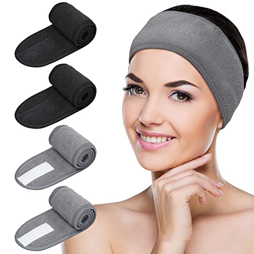 MELLIEX 4 Piezas Diadema de Maquillaje, Diadema Toalla Ajustable Pelo Banda con Cinta Mágica Para Bañarse Yoga Spa Deportes(Gris,Negra)