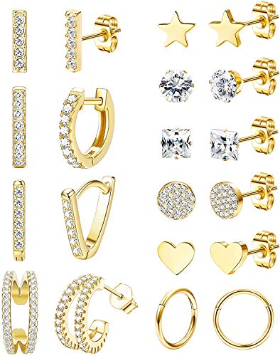 Milacolato 10 Pares De Pendientes De Acero Inoxidable Con Forma De Corazón y estrella Para Mujer, Conjunto De Piercings De Oreja De Circonita Cúbica Dorada y plateada