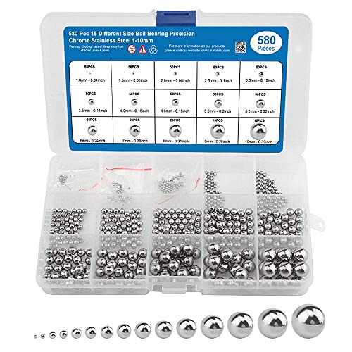 MMOBIEL 580 piezas rodamientos de bolas de 15 tamaños diferentes de acero inoxidable cromado de 1 a 10 mm para bicicleta, monopatín, moto, cajón, reparación de puertas