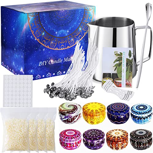 MOOING Kit de Fabricación para Velas,erramienta para Velas de Bricolaje,100% Cera de Abeja Natural para Velas,50 Mechas para Velas,1 Jarra de Vela,8 Frascos para Velas etc.