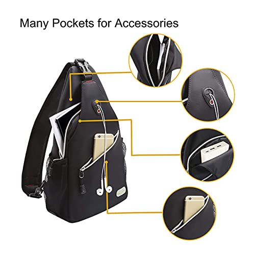 MOSISO Bolso de Honda, Poliéster Duradero Pecho Hombro Desbalanceada Gimnasia Fanny Ligero Crossbody Saco Satchel al Aire Libre Excursión Mochila Daypack, Negro