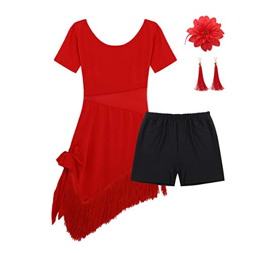 MSemis Vestido Baile Latino con Flecos para Niñas Traje Profesional Salsa Tango Rumba Vestido Danza Contemporánea Disfraz Bailarina con Accesorios Ropa Rendimiento Rojo 5-6 años