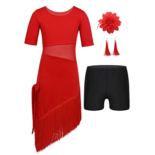MSemis Vestido Baile Latino con Flecos para Niñas Traje Profesional Salsa Tango Rumba Vestido Danza Contemporánea Disfraz Bailarina con Accesorios Ropa Rendimiento Rojo 5-6 años