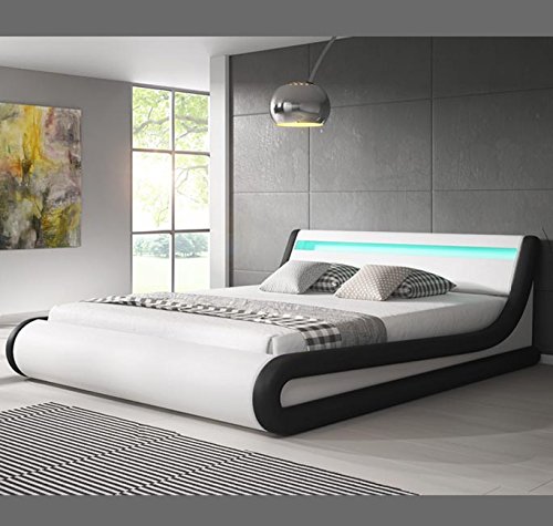 Muebles Bonitos | Cama Canapé Abatible de Matrimonio para Colchón de 140x190cm | Cama Moderna Parisina | con Somier de Láminas | Diseño Italiano con LED Multicolor RGB | Color Blanco y Negro