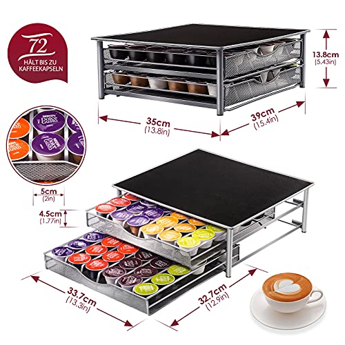Myiosus Soporte para cápsulas de café Dolce Gusto, estante de 2 niveles, cajón para guardar 72 cápsulas, soporte para máquinas de café y cápsulas, cocina u oficina, con 1 paño de limpieza