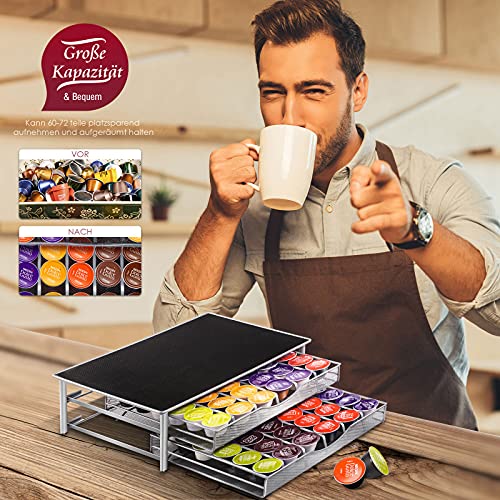 Myiosus Soporte para cápsulas de café Dolce Gusto, estante de 2 niveles, cajón para guardar 72 cápsulas, soporte para máquinas de café y cápsulas, cocina u oficina, con 1 paño de limpieza