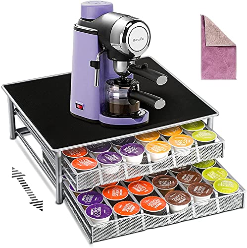 Myiosus Soporte para cápsulas de café Dolce Gusto, estante de 2 niveles, cajón para guardar 72 cápsulas, soporte para máquinas de café y cápsulas, cocina u oficina, con 1 paño de limpieza