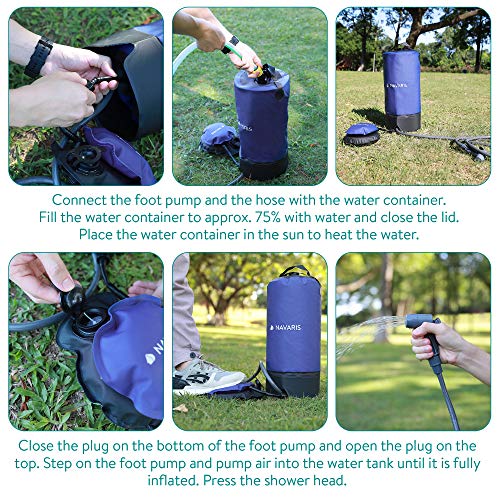Navaris Ducha Solar portátil para Camping - Ducha Plegable de Exterior con Bomba de pie - Agua Caliente al Aire Libre de excursión o Playa - 11 L