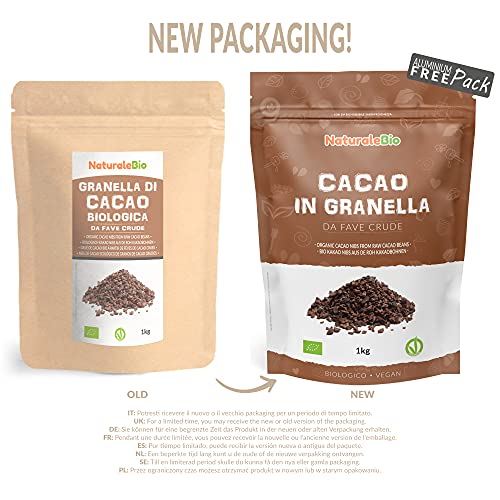 Nibs de Cacao Crudo Ecológico 1 kg. Puntas de Cacao Bio, Natural y Puro. Cultivado en Perú a partir de la planta Theobroma cacao. Fuente de magnesio, potasio y hierro. NaturaleBio