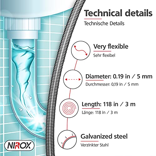Nirox Desatascador de desagües 3m x 5mm - Desatascador espiral manual ideal para quitar el pelo de los desagües - Desatascador tuberias manivela con mango de madera giratorio