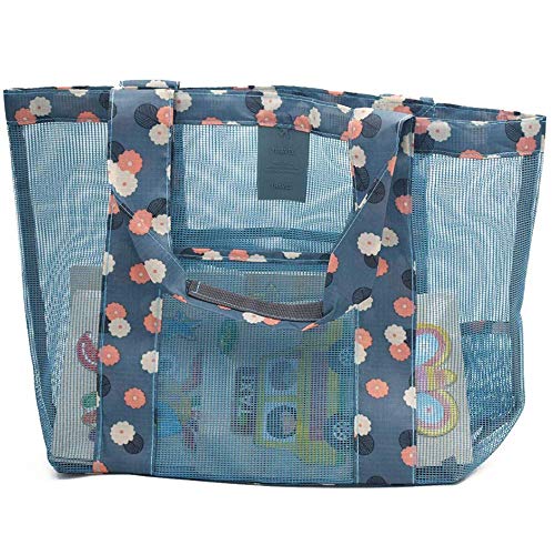 nuluxi Bolsa de Malla de Playa Reutilizables Bolsa Almacenaje Juguetes Playa Bolsa de Almacenamiento de Juguetes de Arena para Juguetes, para Camping, Compras, Vacaciones Familiares (Flores Azules)