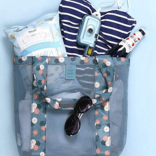 nuluxi Bolsa de Malla de Playa Reutilizables Bolsa Almacenaje Juguetes Playa Bolsa de Almacenamiento de Juguetes de Arena para Juguetes, para Camping, Compras, Vacaciones Familiares (Flores Azules)