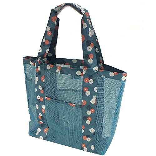 nuluxi Bolsa de Malla de Playa Reutilizables Bolsa Almacenaje Juguetes Playa Bolsa de Almacenamiento de Juguetes de Arena para Juguetes, para Camping, Compras, Vacaciones Familiares (Flores Azules)