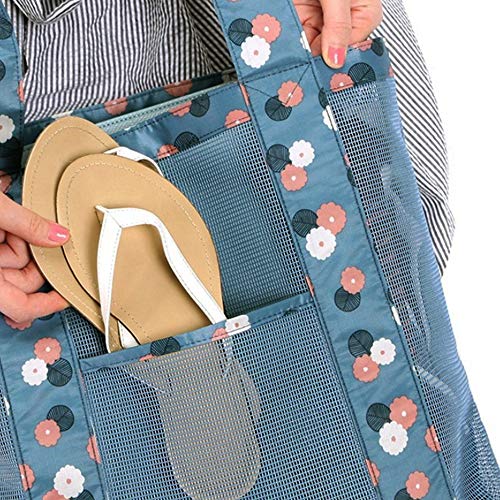 nuluxi Bolsa de Malla de Playa Reutilizables Bolsa Almacenaje Juguetes Playa Bolsa de Almacenamiento de Juguetes de Arena para Juguetes, para Camping, Compras, Vacaciones Familiares (Flores Azules)