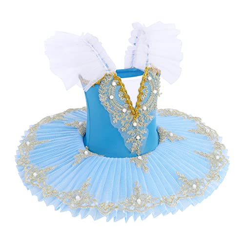 OBEEII Disfraz Bailarina Niña Traje de Baile con Falda Tutu de Tul Gimnasia Leotardo de Baile Vestido de Color Sólido de Manga Larga Traje de Baile Yoga Jazz Latino Azul 5-6Años