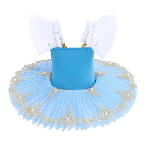 OBEEII Disfraz Bailarina Niña Traje de Baile con Falda Tutu de Tul Gimnasia Leotardo de Baile Vestido de Color Sólido de Manga Larga Traje de Baile Yoga Jazz Latino Azul 5-6Años