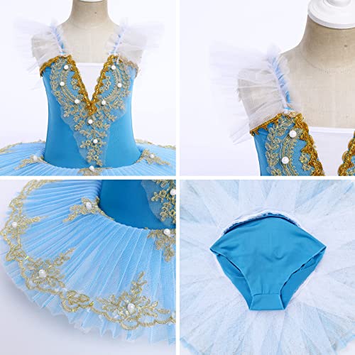 OBEEII Disfraz Bailarina Niña Traje de Baile con Falda Tutu de Tul Gimnasia Leotardo de Baile Vestido de Color Sólido de Manga Larga Traje de Baile Yoga Jazz Latino Azul 5-6Años