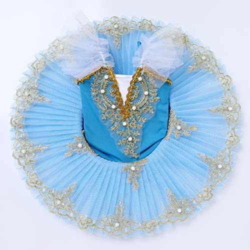 OBEEII Disfraz Bailarina Niña Traje de Baile con Falda Tutu de Tul Gimnasia Leotardo de Baile Vestido de Color Sólido de Manga Larga Traje de Baile Yoga Jazz Latino Azul 5-6Años
