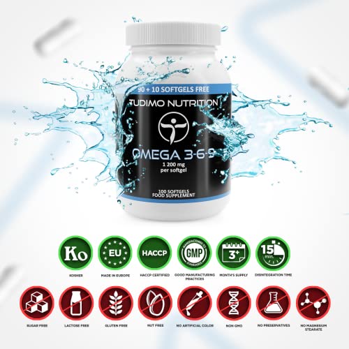 Omega 3 6 9 Capsulas 1200mg - 100 Cápsulas Softgel (3+ Meses de provisión), cada una con 1200 mg de Omega 3-6-9 Aceite de Pescado, Aceite de Borraja, Aceite de Linaza (Omega 369 Supplement)