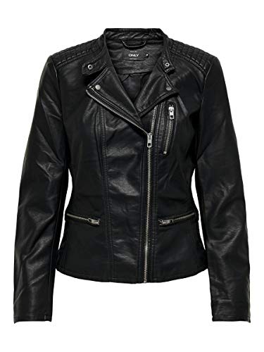 Only Leather Look Biker Jacket Chaqueta, Negro (Black), 38 para Mujer