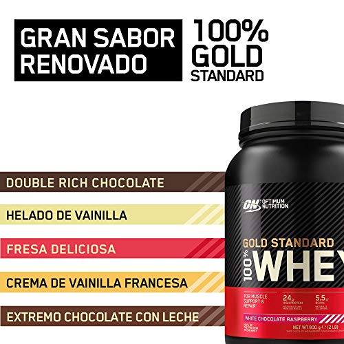 Optimum Nutrition Gold Standard 100% Whey Proteína en Polvo, Glutamina y Aminoácidos Naturales, BCAA, Chocolate Blanco y Frambuesa, 30 Porciones, 900g, Embalaje Puede Variar
