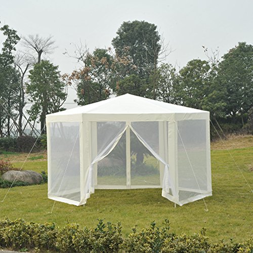 Outsunny Carpa Gazebo Tipo Cenador Hexagonal con Mosquitera para Jardín y Terraza Ø3,9 m Material de Poliéster Repelente al Agua (Crema)
