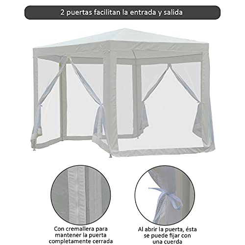 Outsunny Carpa Gazebo Tipo Cenador Hexagonal con Mosquitera para Jardín y Terraza Ø3,9 m Material de Poliéster Repelente al Agua (Crema)