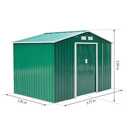 Outsunny Cobertizo de Jardín Exterior Caseta de Jardín Metálica para Almacenamiento de Herramientas con Base Incluida y 4 Ventanas 5,2 m² 277x195x192 cm Verde