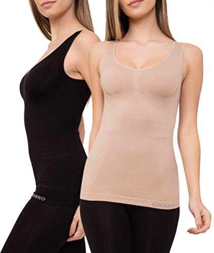 Pack de 2 Camisetas Interiores Reductoras con Tirantes Anchos sin Relleno Cómodas y Elásticas Seamless Sin Costuras (Beige Negro, M/L)