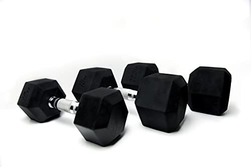 Pack de mancuernas hexagonales de 2,5-5-7,5, 10 y 12,5 kg. Material profesional de caucho virgen. No daña las superficies.