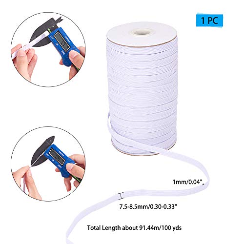 PandaHall 1 rollo de alrededor de 100 yardas 3/8 pulgadas de ancho de goma de poliéster trenzado de banda elástica plana para diademas de costura de ropa, pretina de color blanco