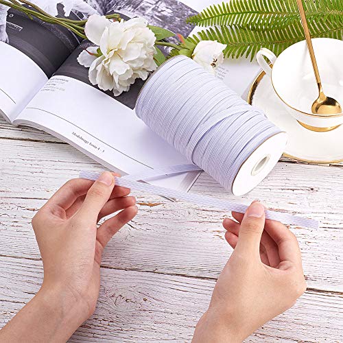 PandaHall 1 rollo de alrededor de 100 yardas 3/8 pulgadas de ancho de goma de poliéster trenzado de banda elástica plana para diademas de costura de ropa, pretina de color blanco