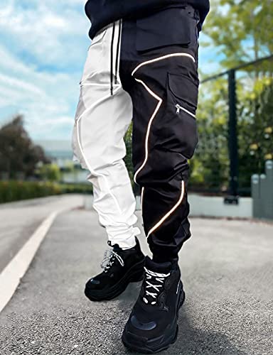 Pantalones cargo para hombre, Hip Hop Techwear Harem Pant Jogger Pantalones deportivos con bolsillos Jogging Punk, Negro/Blanco, XX-Large