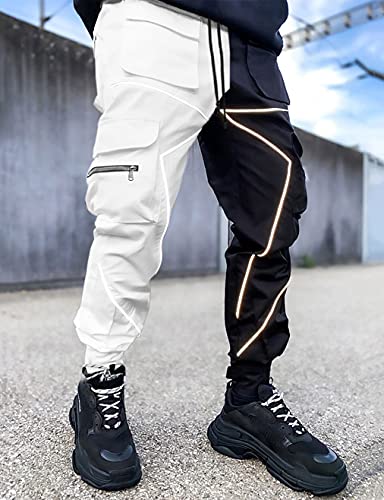 Pantalones cargo para hombre, Hip Hop Techwear Harem Pant Jogger Pantalones deportivos con bolsillos Jogging Punk, Negro/Blanco, XX-Large
