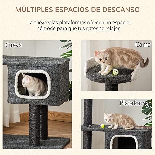PawHut Árbol para Gatos Torre Escalador Gato con Cueva Varias Plataformas y Postes Rascadores de Sisal Natural Centro de Actividades para Arañar 70x41x112 cm Gris Oscuro