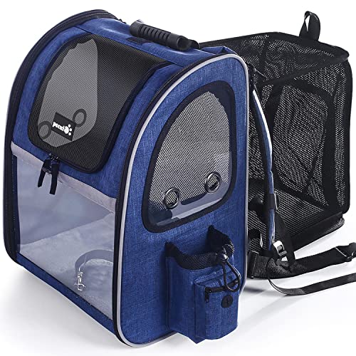 Pecute Transportin Gato Mochilas para Gatos y Perro Bolsa para Mascotas Expandible y Plegable, Carga Máxima 15 kg, para Viajar en Tren/automóvil/Restaurante/avión (Azul, Ventana Transparente)