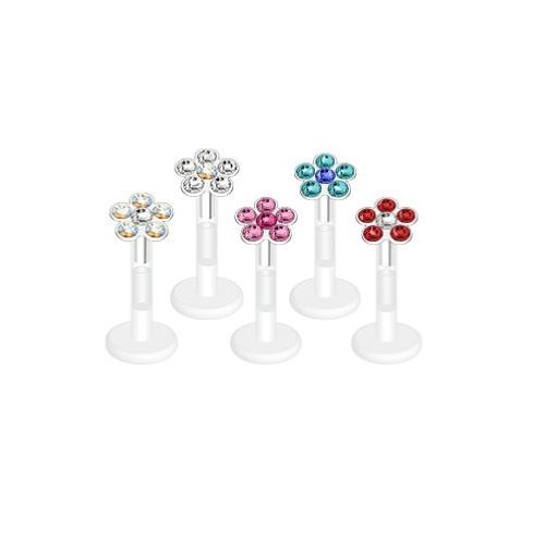 Pendiente de Piercing Boutique con diseño de flor para piercing del labio o tragus con barra de 1,2 x 8 mm con pétalos transparentes y centro de arcoíris