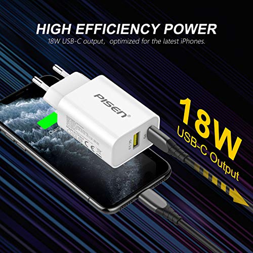 PISEN Cargador USB 18W Phone Cargador Rapido USB C PD 3.0 Cargador Móvil Corriente USB C Carga Pared Movil Adaptador para iPhone 13/13 Mini/13 Pro/13 Pro Max 12/12 Mini/12 Pro/12 Pro Max 11/11 Pro Max