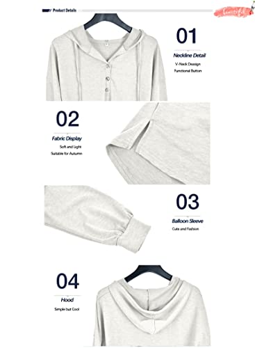 PLOKNRD Camiseta Henley de Manga Larga de otoño para Mujer, Ligera con cordón, (Blanco cremoso, L)