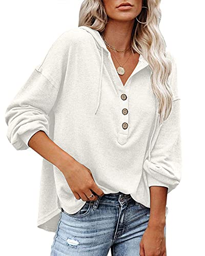 PLOKNRD Camiseta Henley de Manga Larga de otoño para Mujer, Ligera con cordón, (Blanco cremoso, L)
