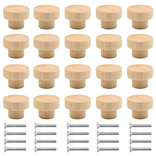 Pomos Redondos de Madera 20pcs Pomos de Madera para Cajones Setas Redonda Cajón Perillas Madera armario puertas tiradores con Tornillos para Armario cajón Zapatero Armario Puerta Paquete