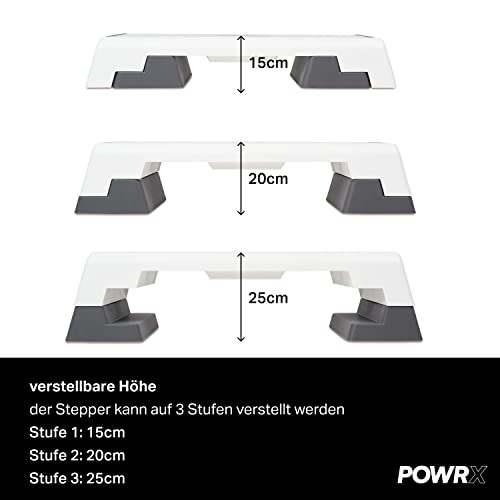 POWRX Step fitness profesional aeróbic (89 x 34 cm) - Ajustable en 3 Alturas (15/20/25 cm) - Stepper ideal para ejercicios de body pump - Superficie antideslizante + PDF workout (Blanco)