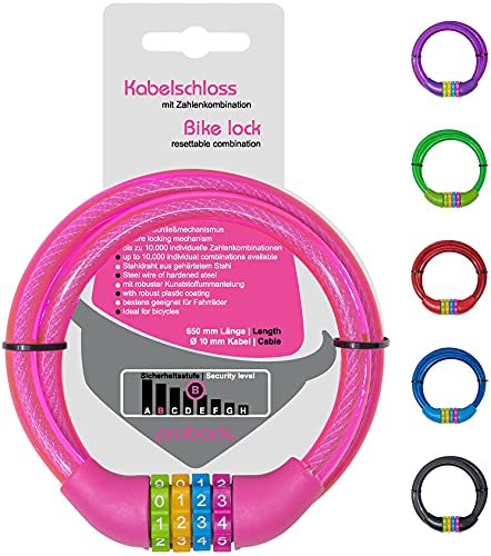 probock Candado de cable para bicicleta infantil | rosa | cerrojo de combinación numérica | Medidas 10 x 650 mm | Edición 2019