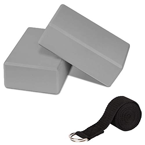 PUDSIRN - Juego de 2 Bloques de Yoga de Alta Densidad EVA Bloques Antideslizantes con Correa de Yoga, Anillo en D de Metal para Mejorar el Equilibrio y la flexibilidad para Yoga, Pilates, meditación